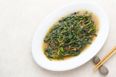 Ca Kangkung Belacan or Stir fried water spinach, Indonesian food clipart