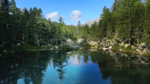 Εναέρια Κηφήνας Ανοιξιάτικο Τοπίο Μια Λίμνη Στο Βουνό — Αρχείο Βίντεο