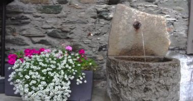 Lillaz İtalya 'da renkli çiçeklerle eski bir çeşme