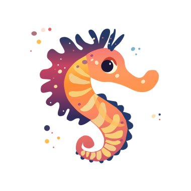 Deniz atının vektör çizimi, deniz yaratığıyla denizcilik çizimi, çizgi film karakteri, beyaz arkaplanda renkli çizimler.