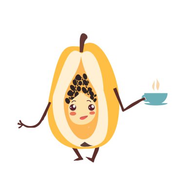 Bir fincan çayla sevimli papaya çizgi film karakteri, sarı meyve, şeffaf arkaplanda izole edilmiş mutlu gülümseme vektörü çizimi olan komik papaya maskotu.