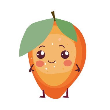  Bir fincan çayla sevimli mango çizgi film karakteri, portakal meyvesi, şeffaf arkaplanda izole edilmiş mutlu gülümseme vektör çizimi olan komik mango maskotu.