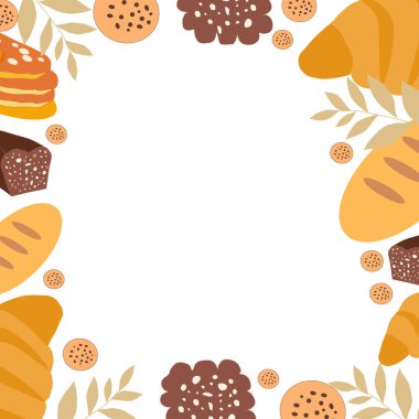 Şirin fırın ürünleri: kruvasan, ekmek, çörek, kurabiye, çikolata, beyaz arka planda kek, lezzetli hamur işleriyle dolu boş çerçeve