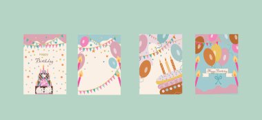 Renkli Doğum Günü Partisi Vektörü Bayrak, Balon, Kek ve Tebrik Kartları