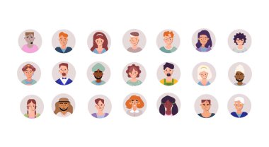 Çeşitli Portreler Avatar Simgelerinin Koleksiyonu, beyaz arkaplanda elle çizilmiş vektör çizimi