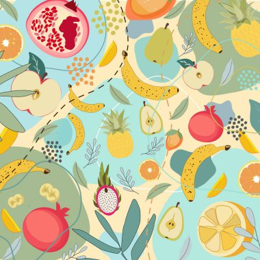 Renkli Meyve Örnekleri Tropikal ve Taze Meyvelerin Modern Vektör Resimleri, Doodle