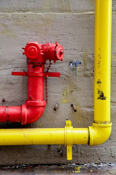 Vertical View of Red and Yellow Pipes Strapped to a Exterior Wall
