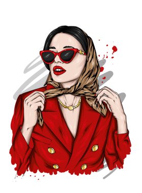 Şık bir başörtüsü ve gözlüklü güzel bir kız. Moda, tarz, giysi ve aksesuarlar..