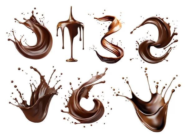 Ensemble Café Brun Liquide Éclaboussures Chocolat Gouttes Sur Fond Blanc — Image vectorielle