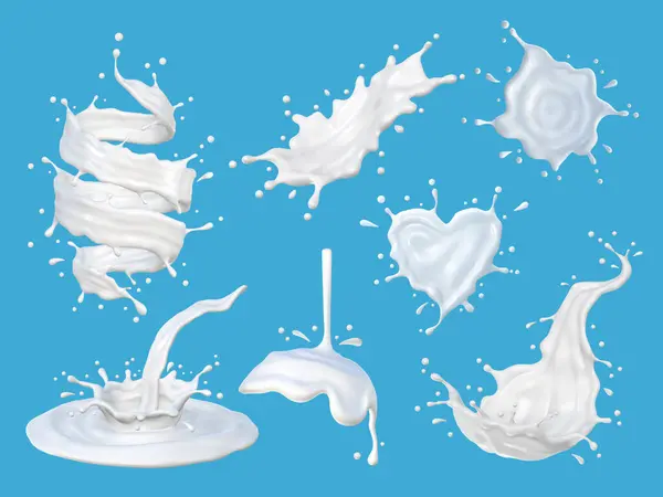 Beyaz süt damlaları mavi arkaplan vektosu üzerine sıçrar ve düşer