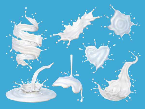 Набор брызг белого молока и капель на голубом фоне векто