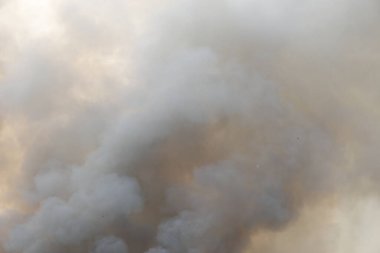 Beyaz ve siyah duman, kırmızı tozlu duman arka planda çimen tarlalarında yangın, gökyüzüne siyah ve beyaz duman. Yakından büyük bir yangın var. Hava konseptinde kirlilik. Savaştan çıkan dumanı tüttürmek için ateş.