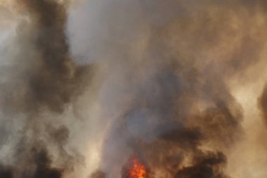 Siyah duman deseni, çimen tarlalarında yanan kırmızı ateş alevi, ormanlar ve gökyüzüne doğru siyah beyaz duman. Yakından büyük bir yangın var. Hava konseptinde kirlilik. Vahşi ateş, dünyadaki çalıları kirletiyor..