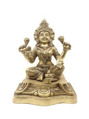 Hindu tanrıçası Lakshmi 'nin pirinç bir putunun önden görünüşü birden fazla kolla işlenmiş, zenginlik ve refahın sembolü izole edilmiş. 