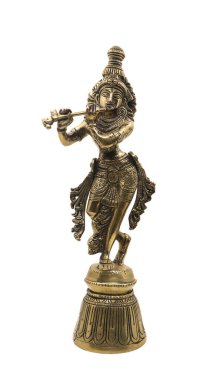 Vishnu avatar kralı Krishna Hindu dininin altın heykeli beyaz arka planda izole edilmiş bir antikacıdan güzel detaylarla el yapımı flüt çalıyor.