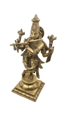 Hindu tanrısı Krishna 'nın heykeli, bir vishnu avatarı, birden fazla el ile flüt çalıyor, beyaz bir arka planda izole edilmiş kutsal pirinçten işlemeli el işaretleri ile.