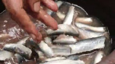Kahverengi bir tencerede pişirmeden önce bir kadının bileziğiyle küçük bir parça çiğ sardalya balığını temizleyip yıkıyor. 