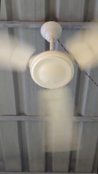Beyaz Elektrikli Tavan Vantilatörüne Yakın Çekim Çatıdaki Odada Rüzgarın Soğuması — Stok video