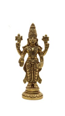 Lord Vishnu 'nun klasik pirinç el sanatları idolü beyaz arka planda birden fazla elle izole edilmiş.