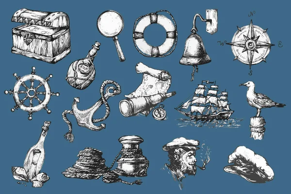 Красивые Рукописные Морские Иллюстрации Морские Рисунки Море Элементы — стоковый вектор