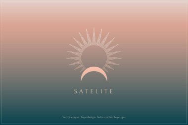 Göksel logo tasarımı, Yıldız logosu, Gezegen, Uzay, Evren, Asgari Minimalistik, Güneş, Işınlar, Uydu amblemi. Vektör illüstrasyonu