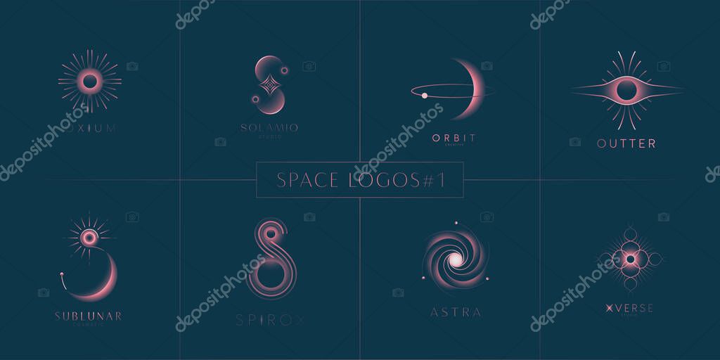 Space logo collection, Minimal logotype, Cosmic emblem, Moon, Planet, Galaxy, Star, S letter, Set, Collection. Vector illustration