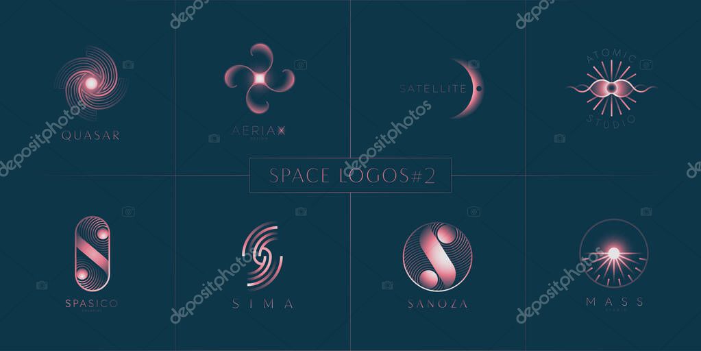 Space logo collection, Minimal logotype, Cosmic emblem, Moon, Planet, Galaxy, Star, S letter, Set, Collection. Vector illustration