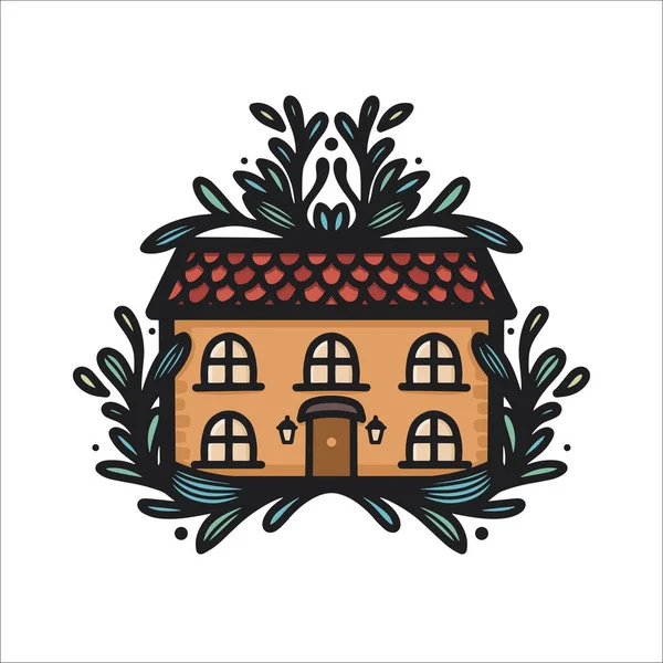 Handgezeichnete Florale Illustration Handgezeichnetes Haus Logo Haus Logo Haus Illustration — Stockvektor