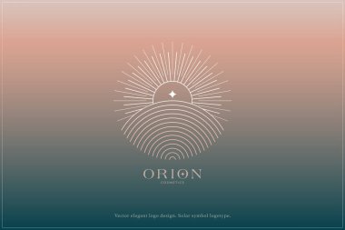 Göksel logo tasarımı, Yıldız logosu, Gezegen, Uzay, Evren, Asgari Minimalistik, Güneş, Işınlar, Uydu amblemi. Vektör illüstrasyonu