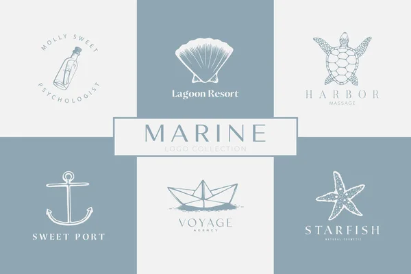 Ručně Kreslené Návrhy Lodního Loga Logo Kit Námořní Námořní Emblémy — Stockový vektor