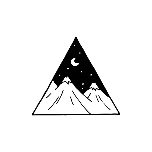 山の最小ロゴ要素 風景画 夜の山 ロゴ要素 クリップパート アウトライン タトゥー 手書き ベクトル要素 — ストックベクタ