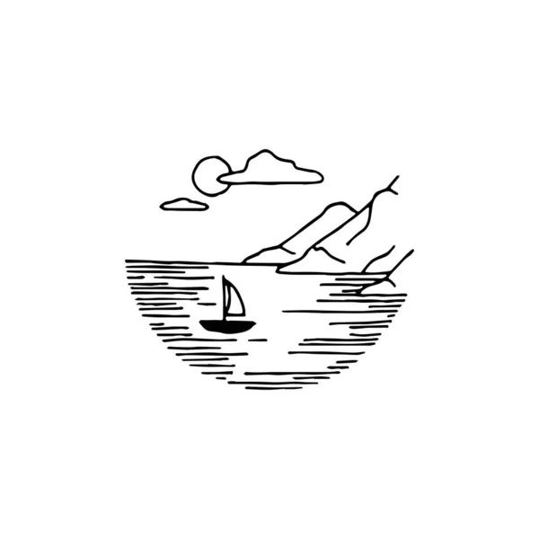 海の山の最小ロゴ要素 海の風景画 夜の山 ロゴ要素 クリップ アウトライン タトゥー 手書き ベクトル要素 — ストックベクタ