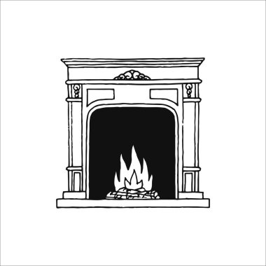 Şömine çizimi, Ateş illüstrasyonu, El çizimi logo unsuru, karalama, çizim, küçük, minimalist sanat, ev, dekorasyon unsuru, çıkartma