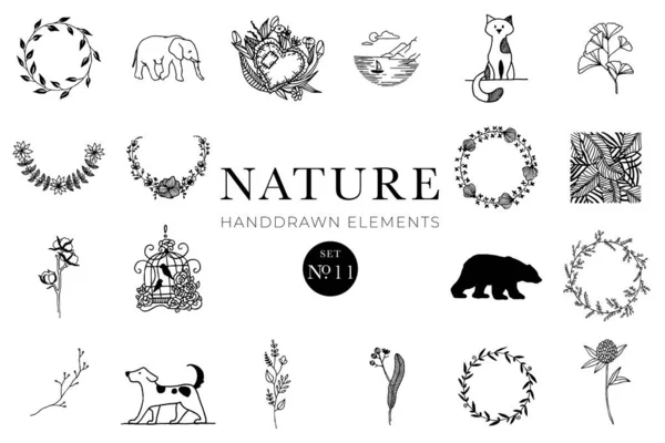 El yapımı doğa unsurları, Doodle çizimleri, Hayvanlar, Botanik, Çiçek, Çizim, İllüstrasyon, Set, Koleksiyon