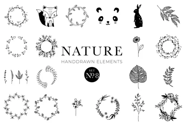 El yapımı doğa unsurları, Doodle çizimleri, Hayvanlar, Botanik, Çiçek, Çizim, İllüstrasyon, Set, Koleksiyon