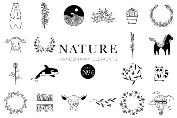 El yapımı doğa unsurları, Doodle çizimleri, Hayvanlar, Botanik, Çiçek, Çizim, İllüstrasyon, Set, Koleksiyon