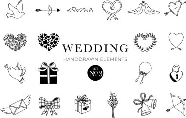 Düğün el yapımı unsurlar, düğün illüstrasyonları, koleksiyon, gelin, damat, selamlar, tasarım unsurları