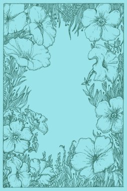 Çiçeksel çerçeve çizimi, Botanik çerçeve, çiçek arkaplanı, selamlama tasarımı, buket, desen, düğün unsuru.