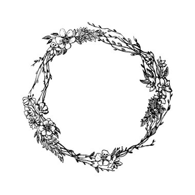 El çizimi çelenk çizimi, çelenk çizimi, bitkisel element, vektör, yuvarlak, doğal