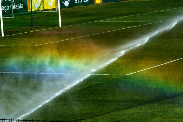 洒水机的彩虹在草坪上 — 图库照片