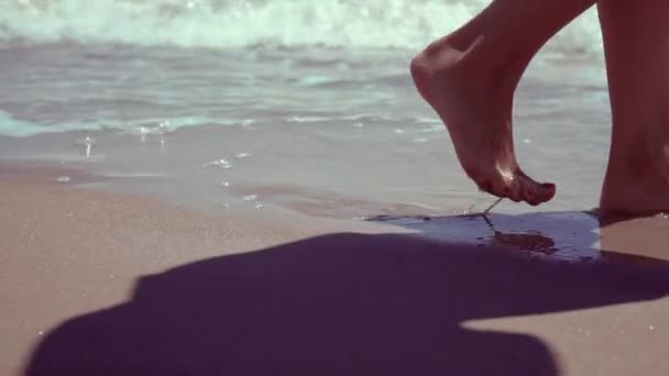 Nogi Młodej Kobiety Idącej Wzdłuż Plaży Dziewczyna Depcząca Mokrym Piasku — Wideo stockowe