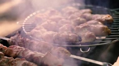 Şişte ızgara et, ızgarada kahverengi et. Doğadaki kömürlerin üzerinde mangal pişirmek. Kamera hareket ediyor. 4k