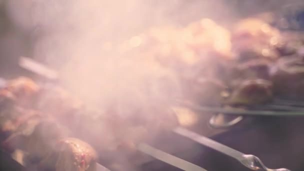 Закрыть Мясо Барбекю Шашлыках Поджаренное Мясо Гриле Процесс Приготовления Шашлыка — стоковое видео