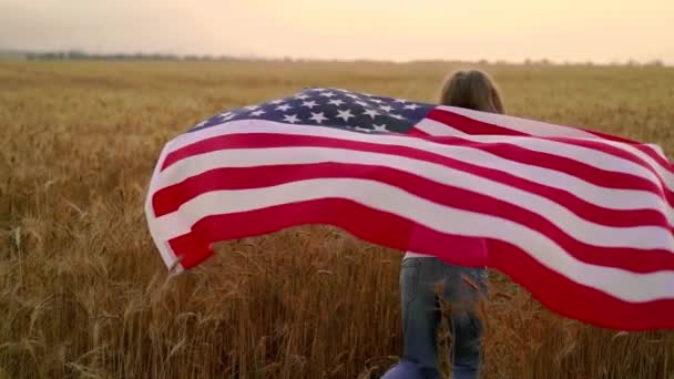 带着美国国旗的爱国姑娘在麦田上奔跑的倒影 慢动作爱国观念 — 图库视频影像