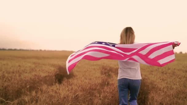 在麦田上挂着美国国旗的爱国快乐的年轻女子的倒影 慢动作爱国观念 — 图库视频影像
