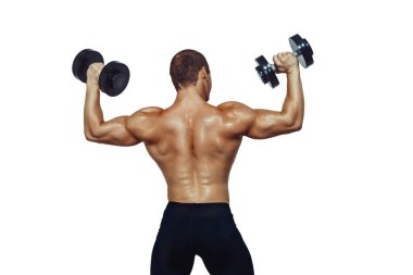 Back view of athletic muscular man doing exercises with dumbbells isolated on white background. Copy Space 