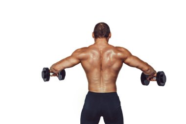 Back view of athletic muscular man who doing exercises with dumbbells isolated on white background. copy Space 