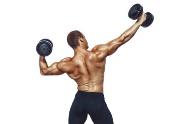 Back view of athletic muscular man doing exercises with dumbbells. Strong bodybuilder showing his back on white background. 