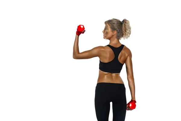 Rückenansicht Der Sportlichen Blondine Schöne Mädchen Die Körperliche Übungen Mit — Stockfoto