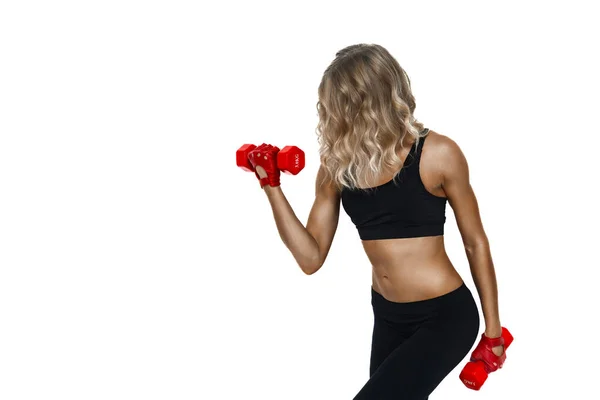 Sportliche Blonde Junge Schöne Frau Die Körperliche Übungen Mit Roten — Stockfoto